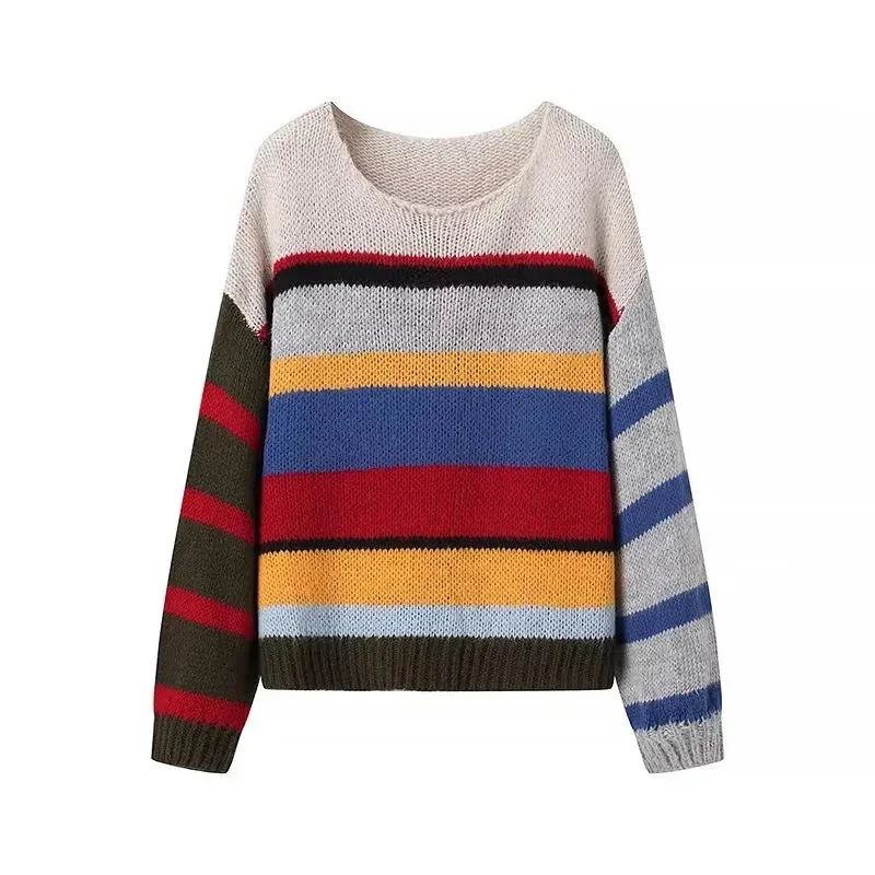 Bonnyshow Knitted Rainbow Striped Women's Pullover Casual Loose Round Neck Long Sleeve Sweater Fashion Soft Comfortable Women Sweaters