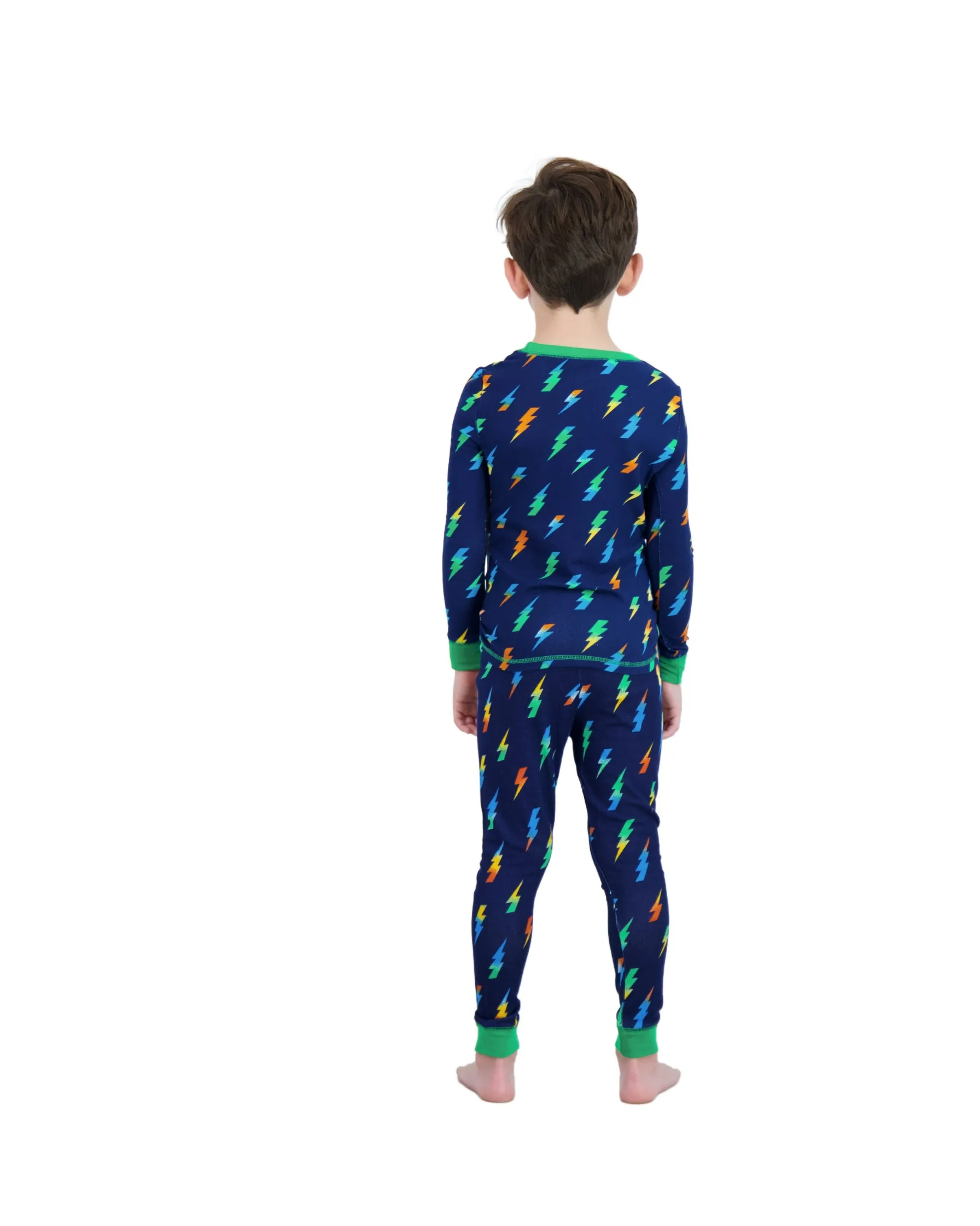 Boys 2-Piece Super Soft Jersey Snug-Fit Pajama Set- Bolts, Navy & Green Pajama Set for Boys