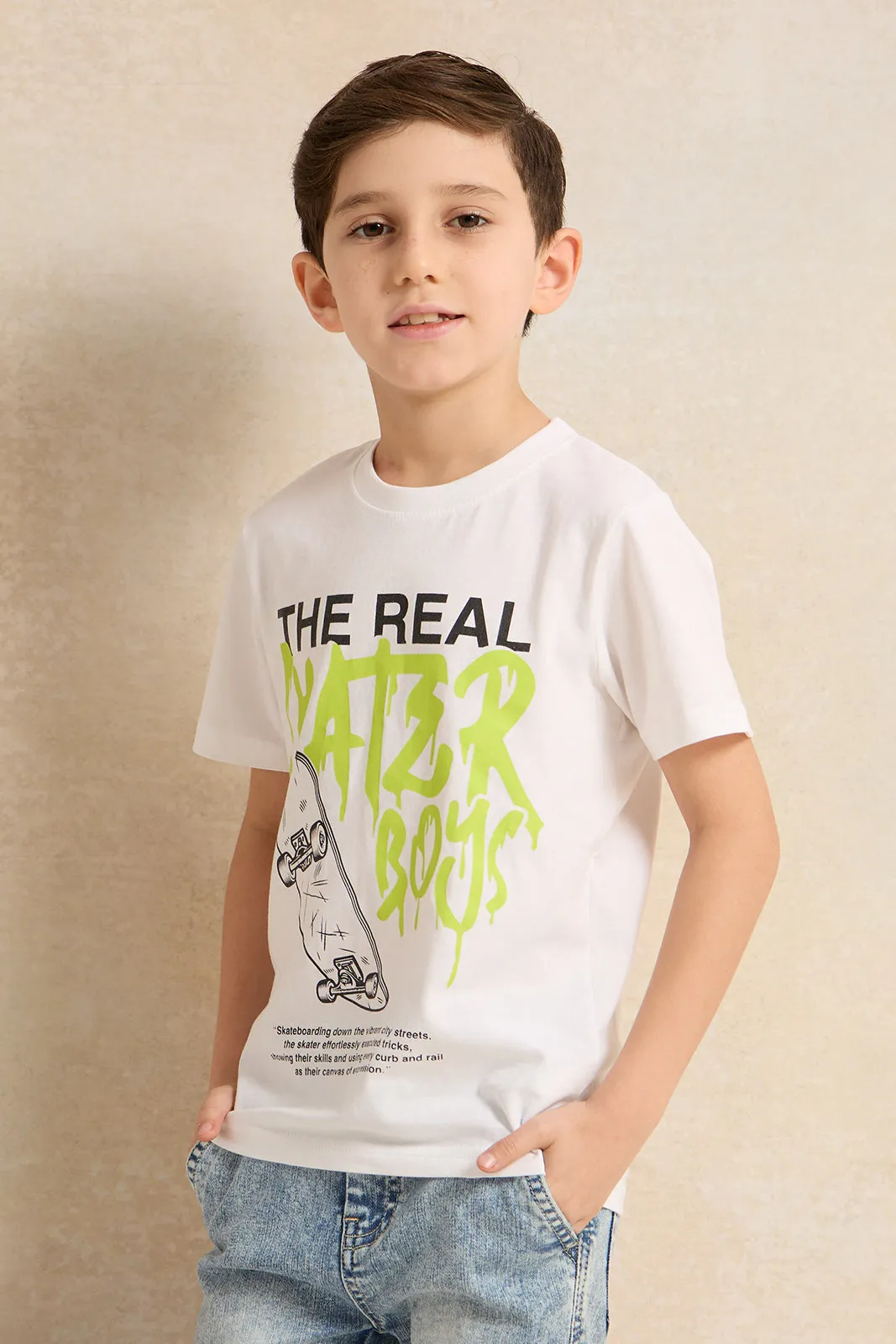 Boys White Skater Print Short Sleeve T-Shirt