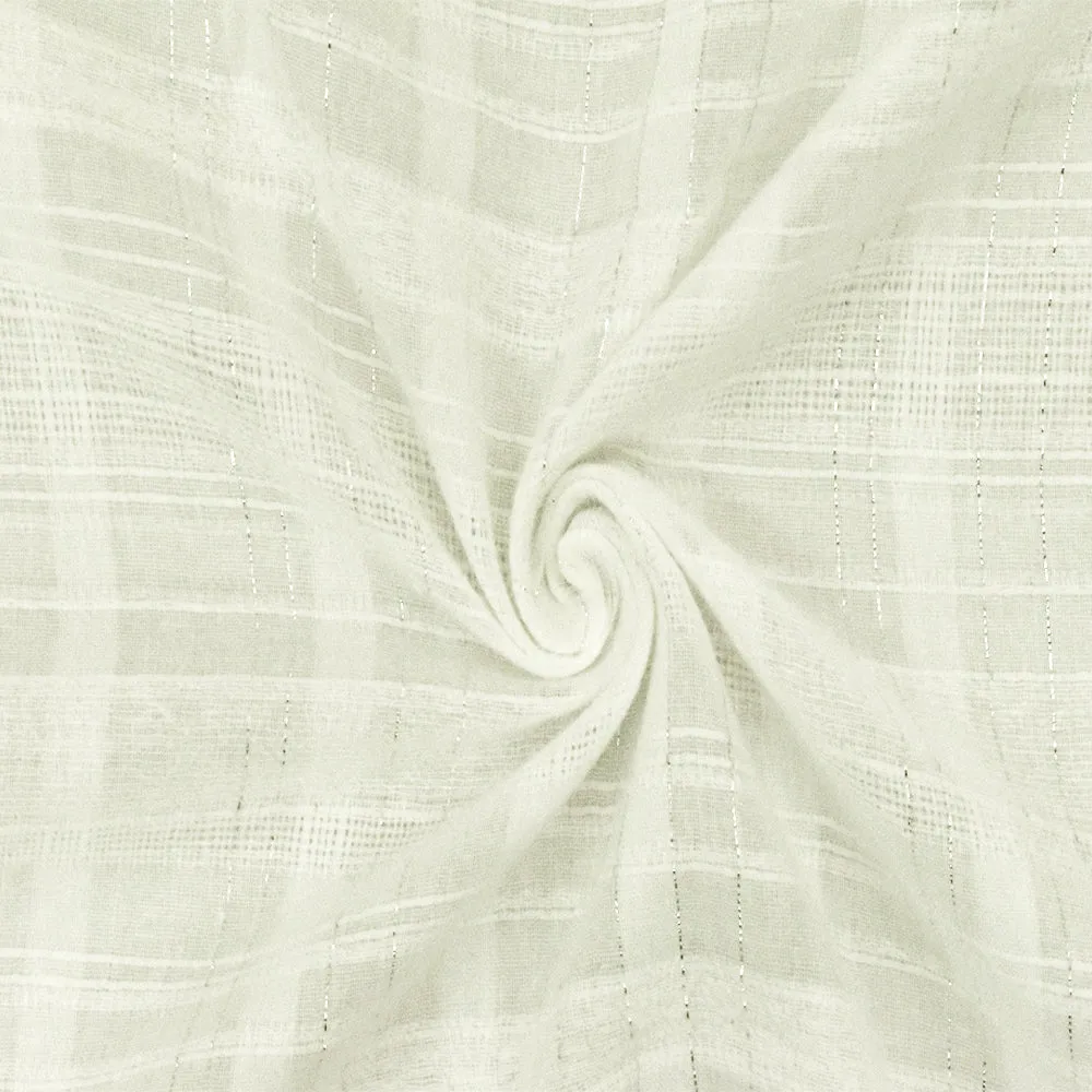 Ivory-Silver Famous Designer Semi-Sheer Plaid Texture Woven Fabric