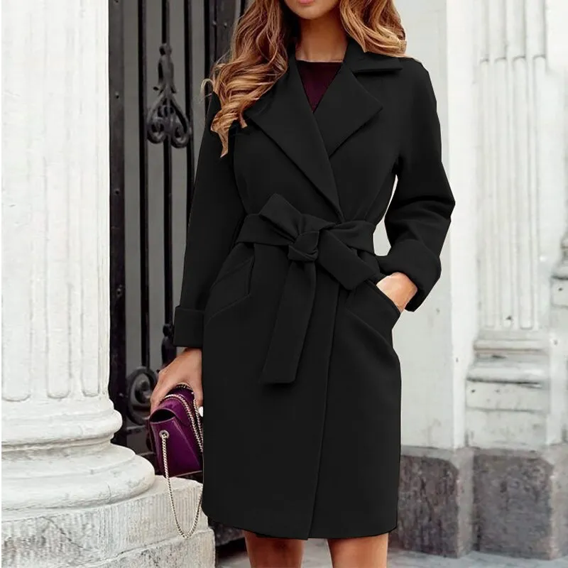 Joskaa Autumn Office Turn-down Collar Lady Overcoat Fashion Simple Pocket Solid Belted Cardigan Outwear Winter Long Sleeve Women Coats