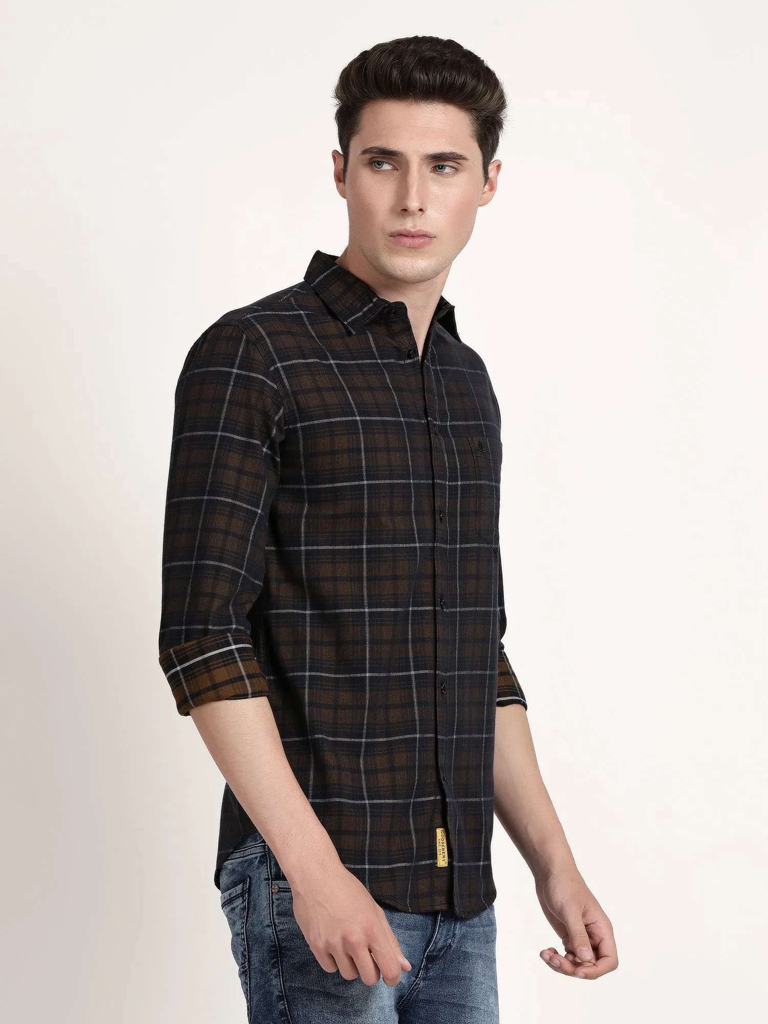 Men Brown and Black Checked  Formal Shirt (GBRJ6002)