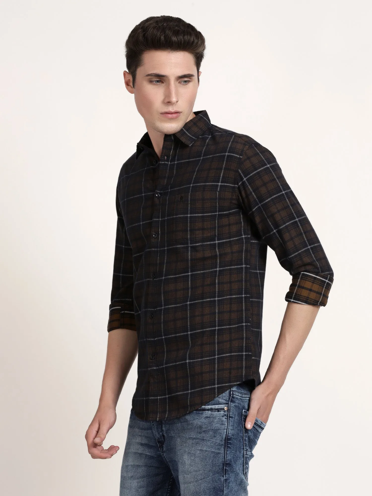 Men Brown and Black Checked  Formal Shirt (GBRJ6002)