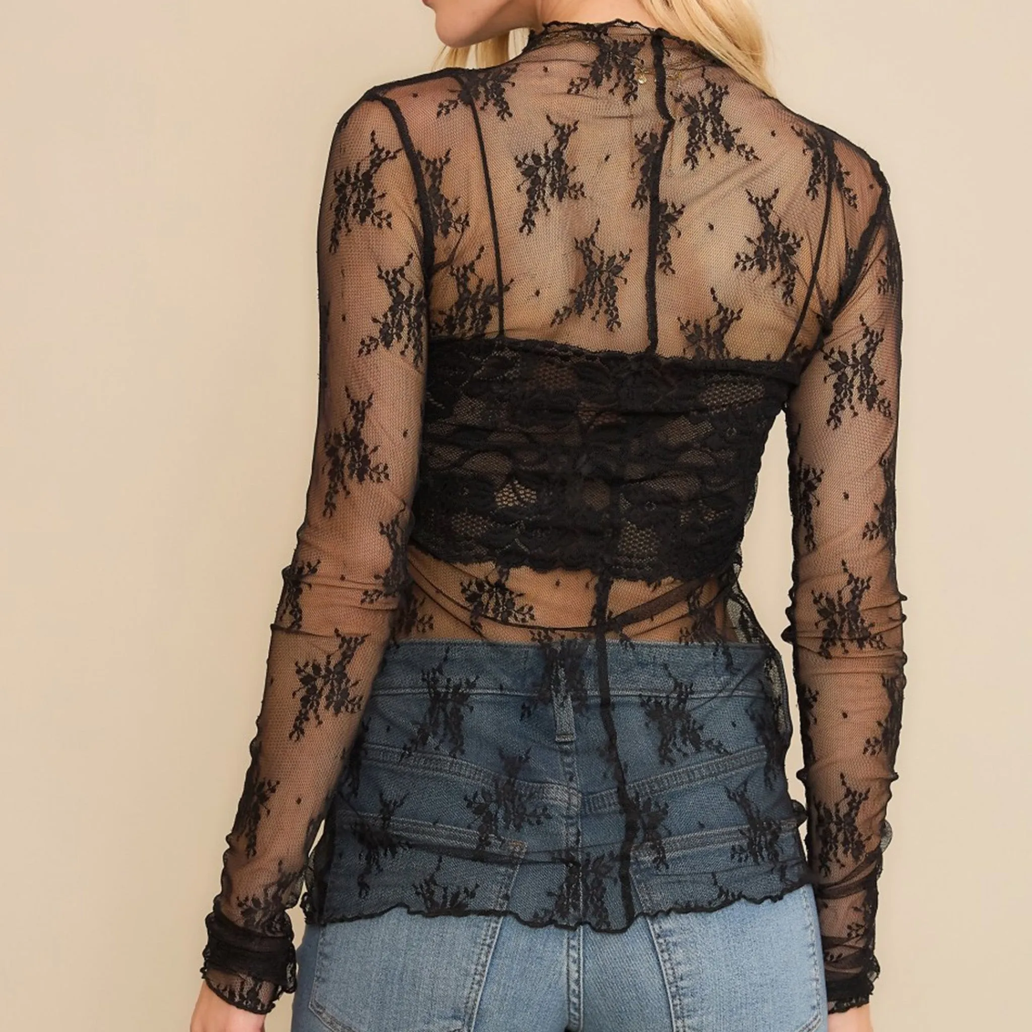 Mesh Lace High Neck Fitted Long Sleeve