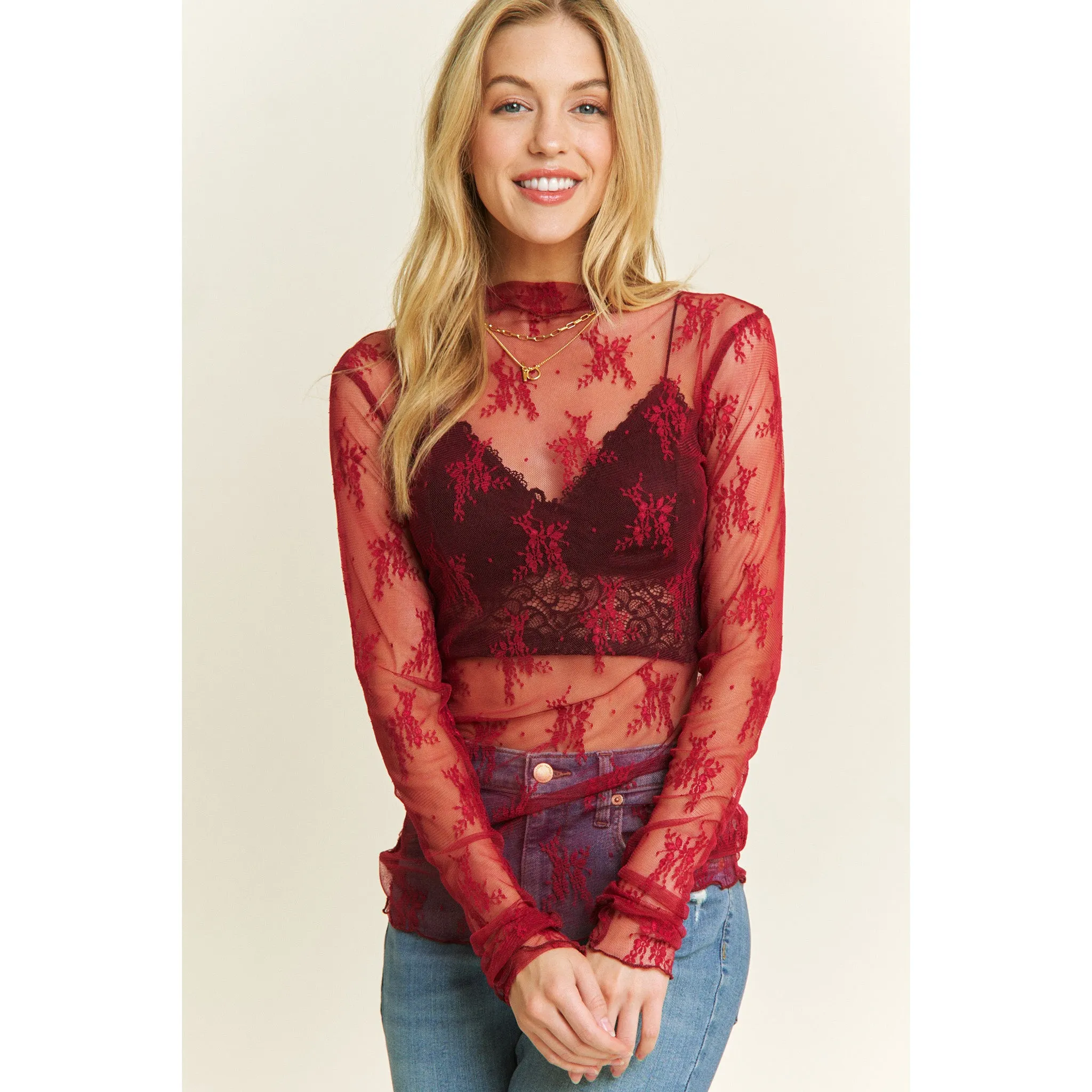 Mesh Lace High Neck Fitted Long Sleeve