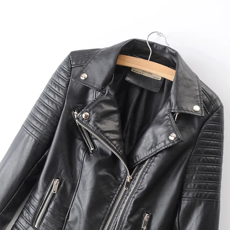 New Fashion Women Smooth Motorcycle Faux Leather Jackets Ladies Long Sleeve Autumn Winter Biker Streetwear Black Pink Coat