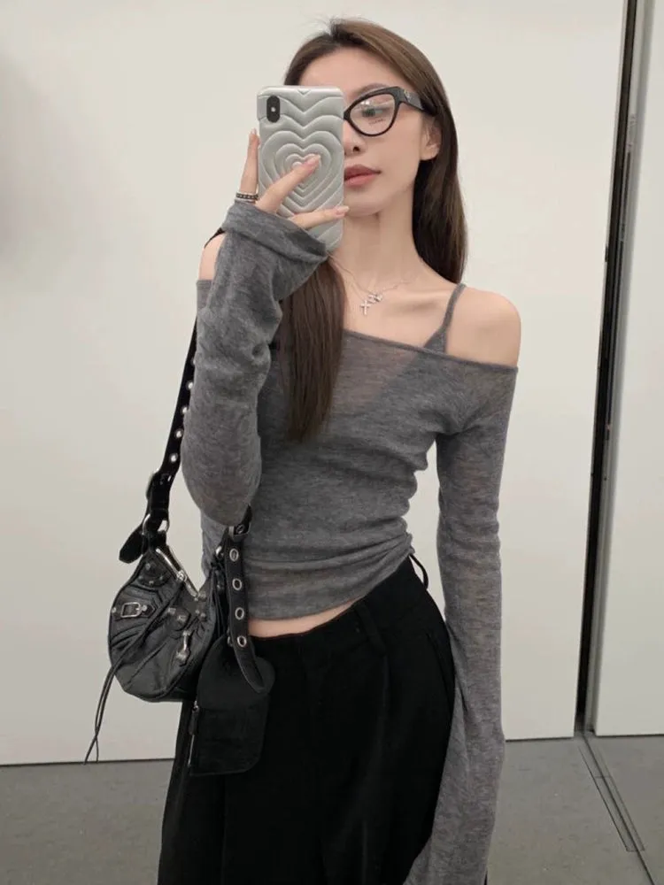 Off-the-Shoulder Slim-Fit Soft and Thin Long-Sleeved Sweater Top