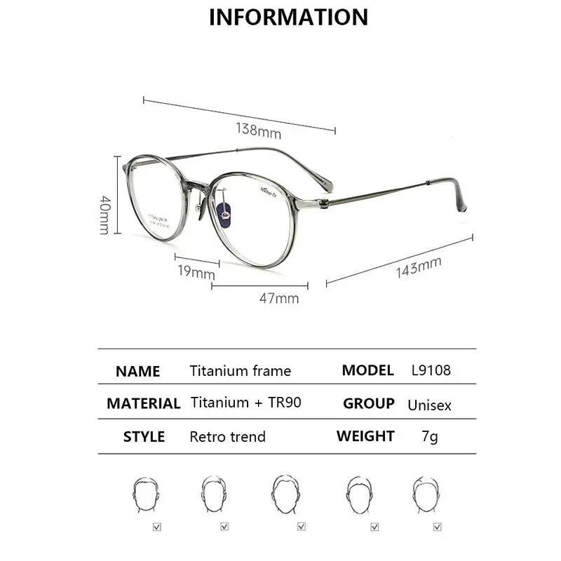 Pure Titanium Ultralight Retro Round Photochromic Progressive Reading Glasses Prescription Eyeglasses