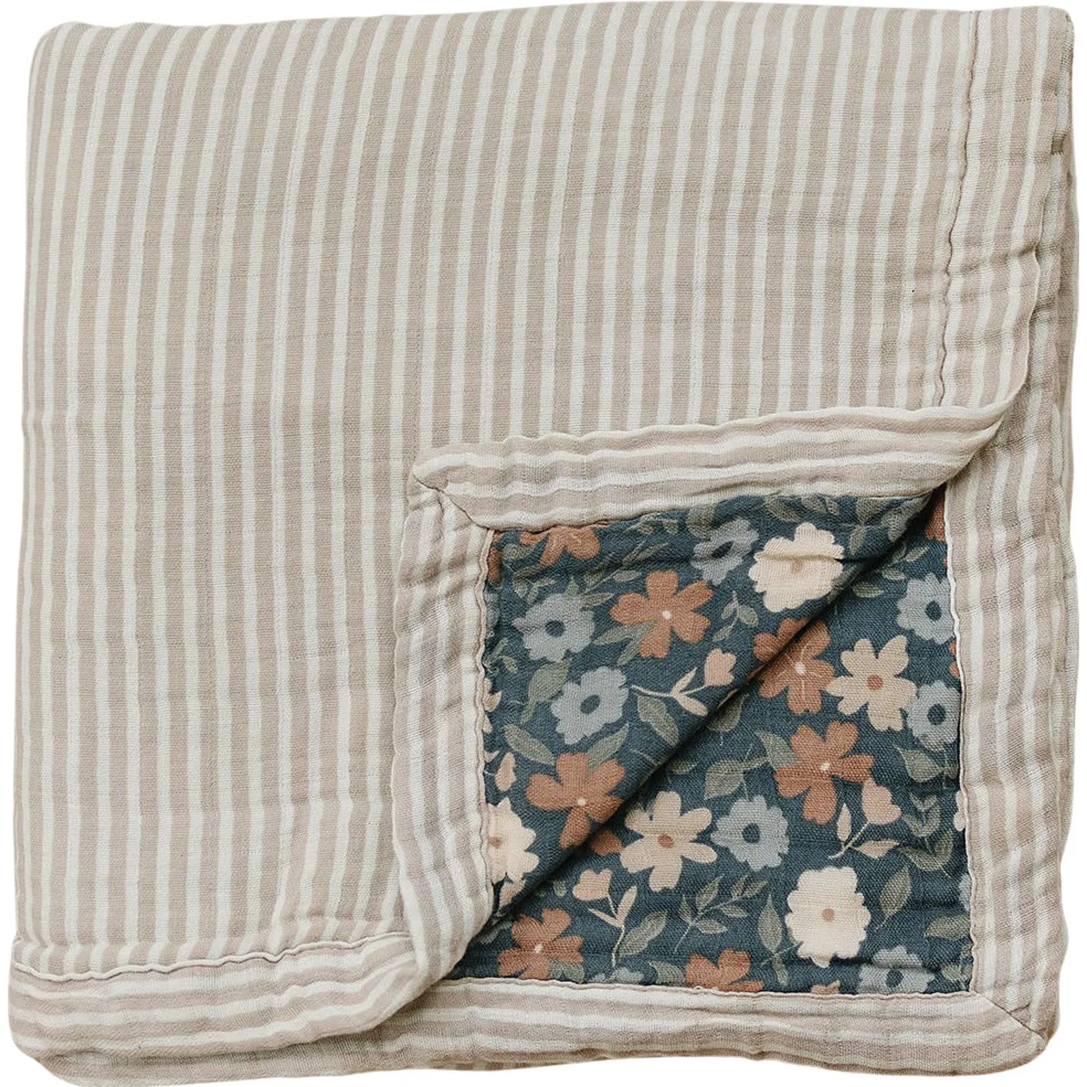 Taupe Stripe   Midnight Floral Muslin Quilt