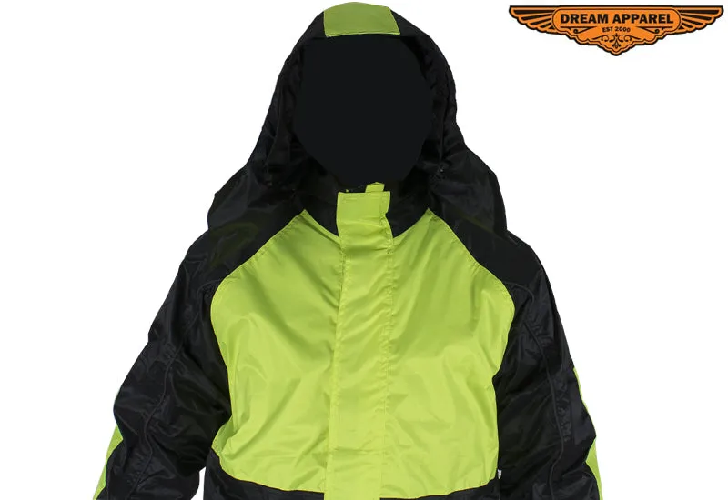 Two-Piece Black & Fluorescent Rain Suit With Zippered Side Seams