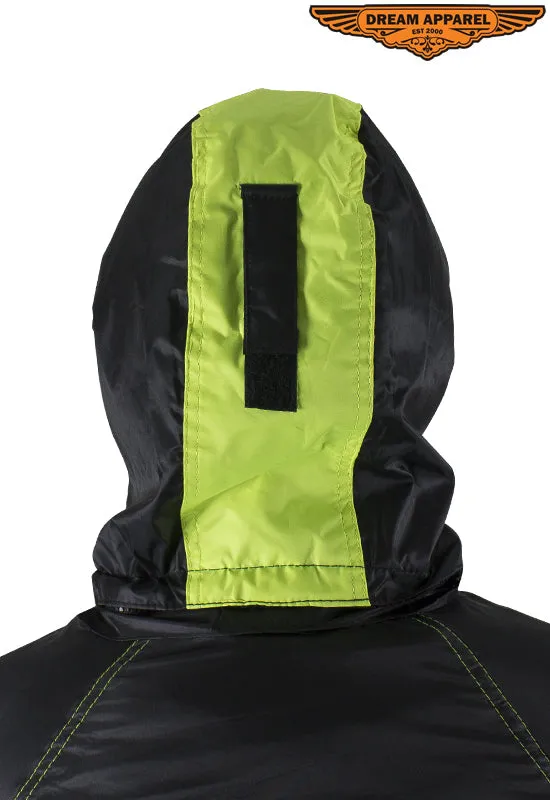 Two-Piece Black & Fluorescent Rain Suit With Zippered Side Seams