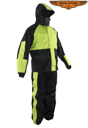 Two-Piece Black & Fluorescent Rain Suit With Zippered Side Seams