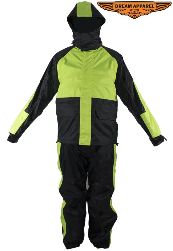 Two-Piece Black & Fluorescent Rain Suit With Zippered Side Seams