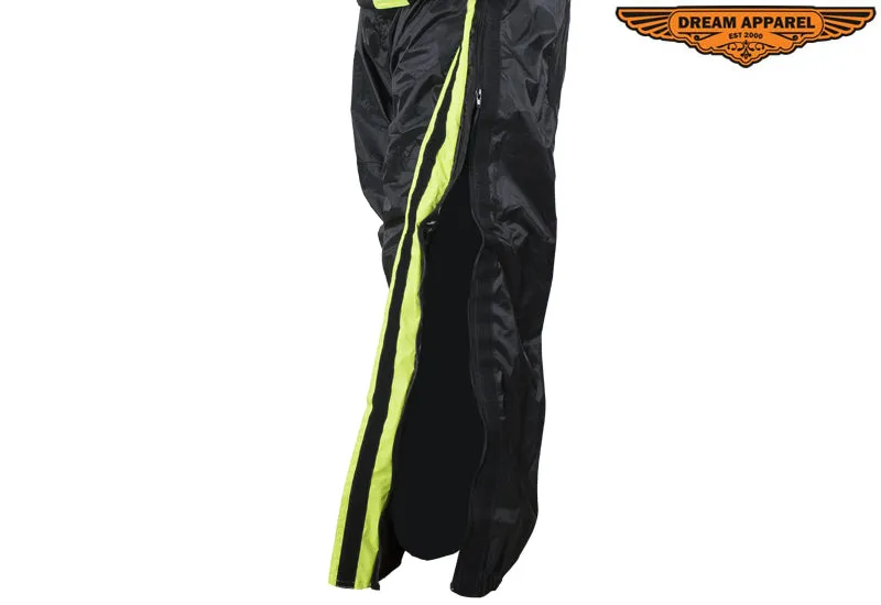 Two-Piece Black & Fluorescent Rain Suit With Zippered Side Seams