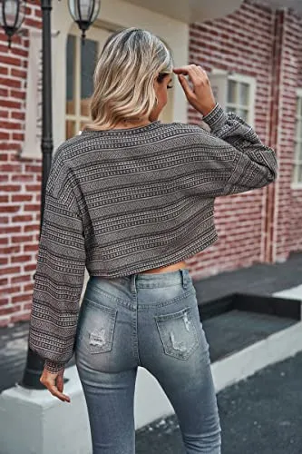 ZAFUL Women's Tribal Ethnic Graphic Cropped Knitwear Bohemian Long Sleeve Pullover Sweater Boho Drop Shoulder Knitted Top